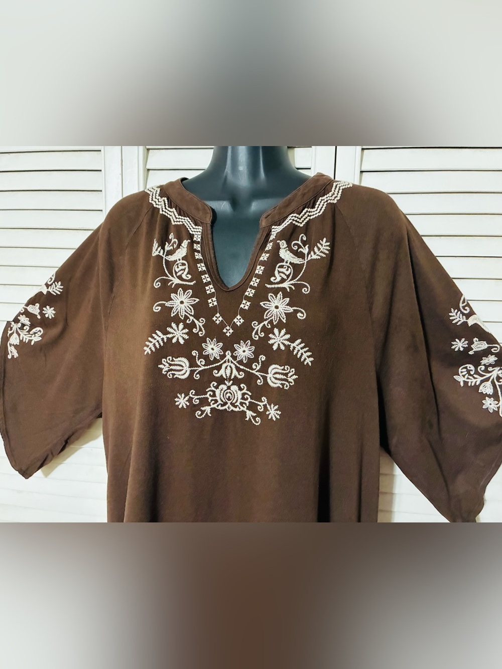 Johnny Was Brown Tunic with Cream Floral Embroidery